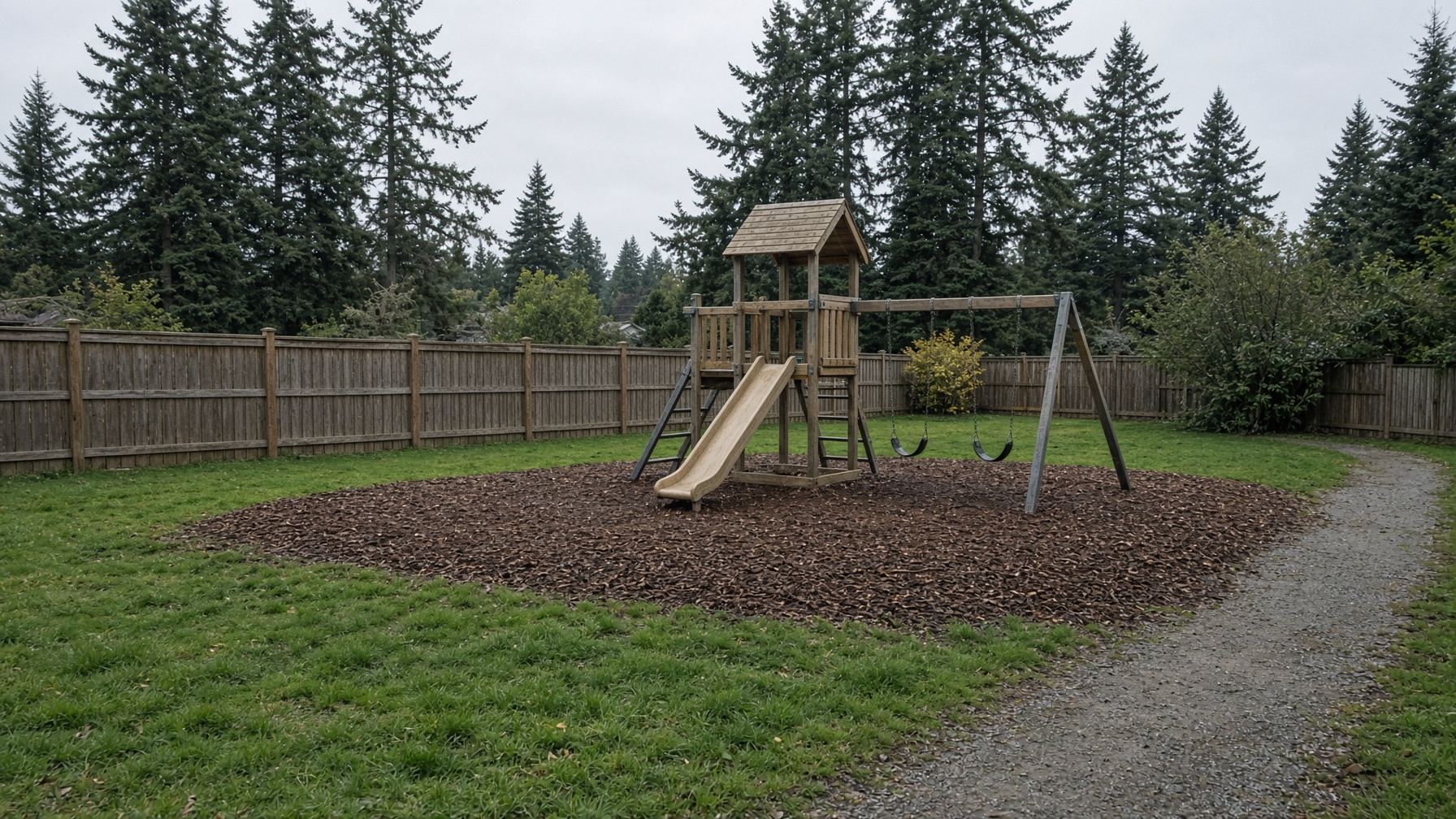 Neighborhood playground with a cedar fence beyond the play structure